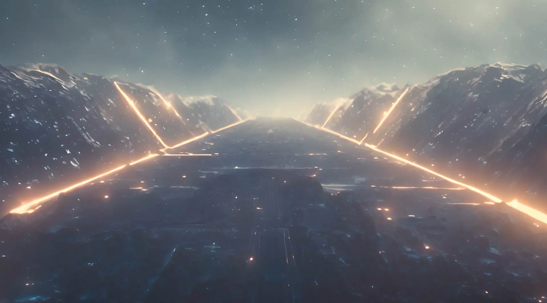 Futuristic Glowing Trail Through Icy Peaks Video Backdrop
